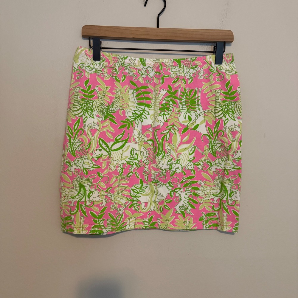 Vintage Lilly Pulitzer mini skirt pink green jungle print M pull on golf tennis